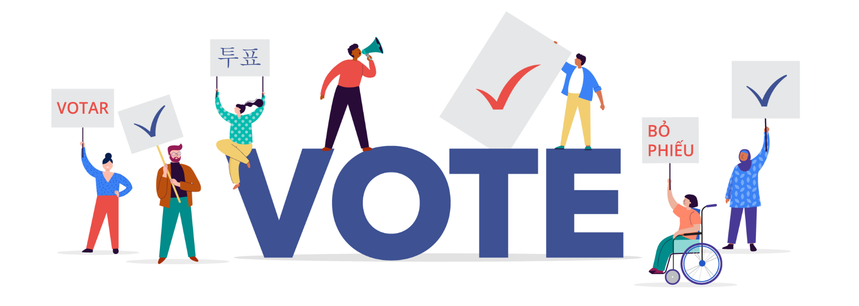 Image of voters and large word VOTE